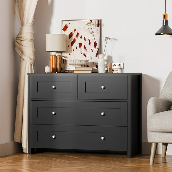 SunsGrove Dresser for Bedroom Wooden with 4 Drawers, 39" Wide Black Dresser, Chest of Drawers with Metal Handles and Anti-Tipping Devices for Living Room, Hallway, Closets