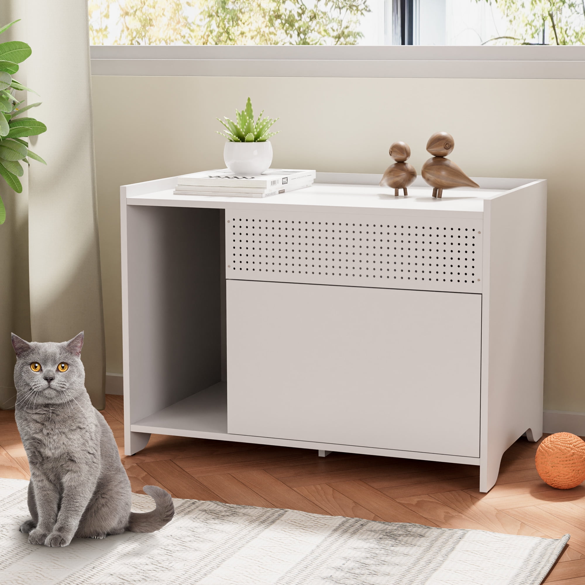 SunsGrove Hidden Litter Box Furniture, Cat Litter Box Enclosure with Flip-Down Opening, Wooden Cat Washroom, White