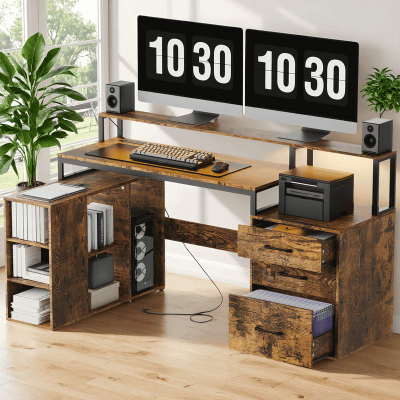 SunsGrove L Shaped Computer Desk with 3 Drawers, 65.7