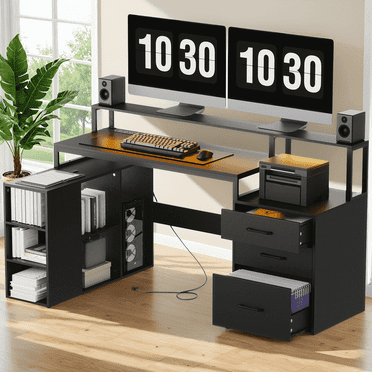 SunsGrove L Shaped Computer Desk with 3 Drawers, 65.7" Large Desk with Power Outlet and LED Lights, Corner Computer Desk with Monitor and CPU Stand, Home Office Desks with File Drawer,Black
