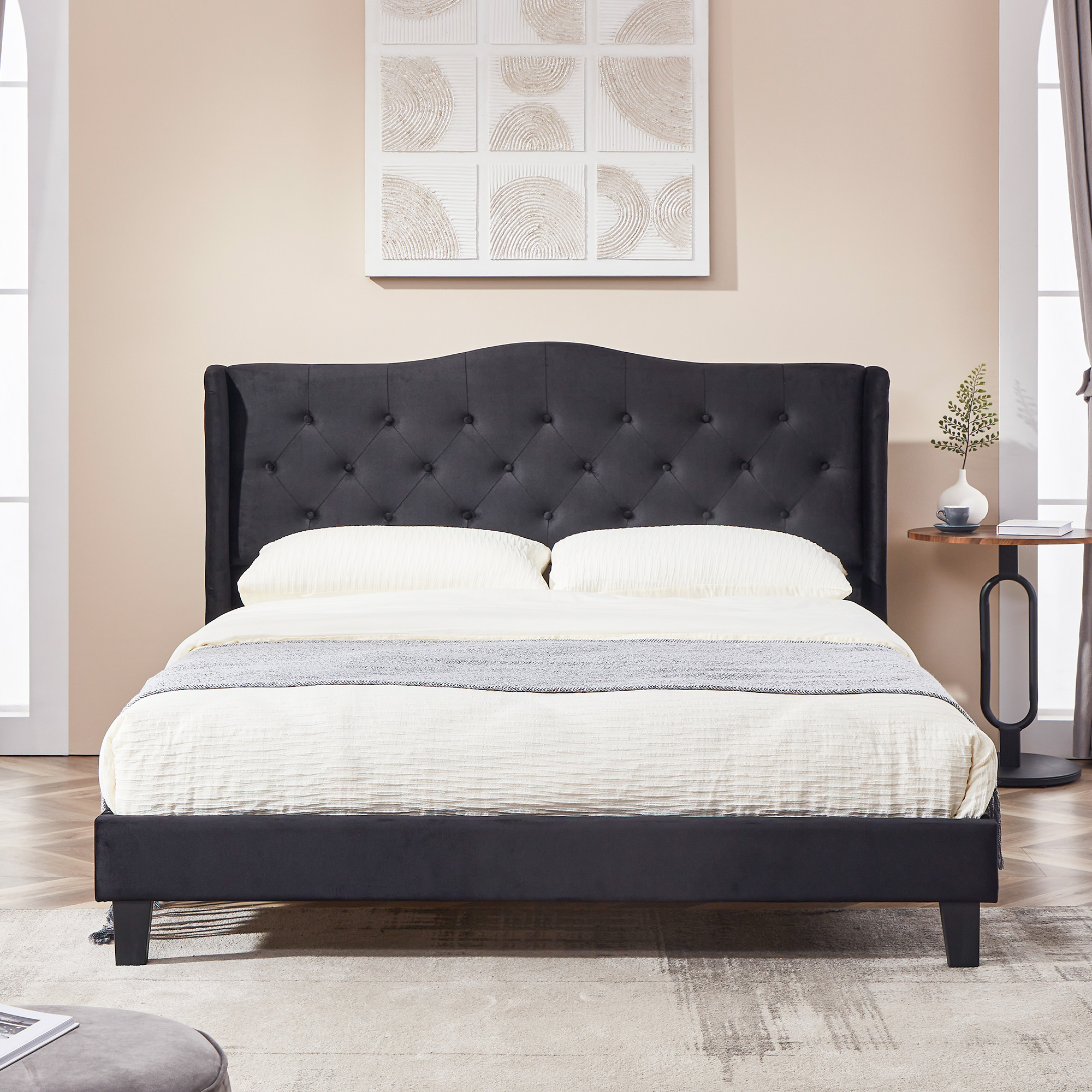 SunsGrove Queen Size Platform Bed Frame, Black Velvet Upholstered Bed