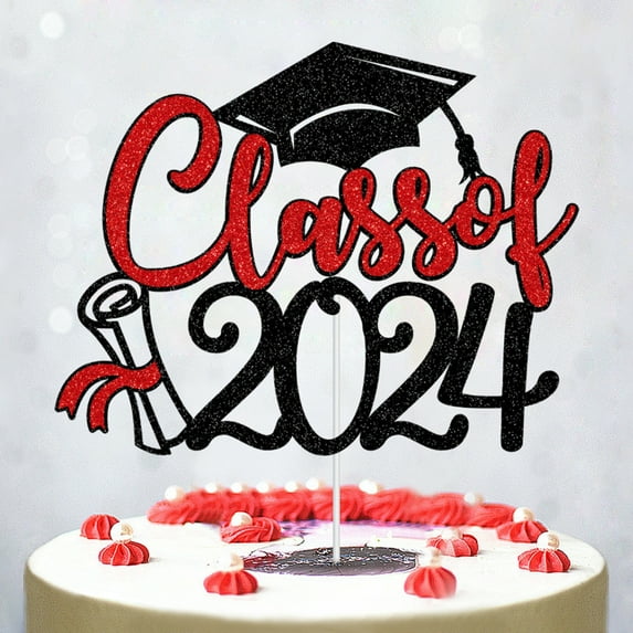 Sunsanly 1Pc/4Pcs Class of 2024 Cake Topper, Congrats Grad 2024 Graduation Cake Decor, High School/College Graduate Celebration Party Decoration Supplies, Black and Red Glitter