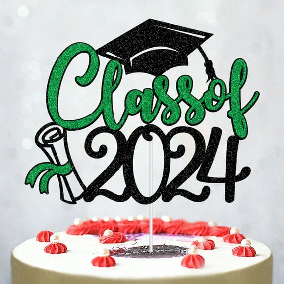 Sunsanly 1Pc/4Pcs Class of 2024 Cake Topper, Congrats Grad 2024 Graduation Cake Decor, High School/College Graduate Celebration Party Decoration Supplies, Black and Red Glitter