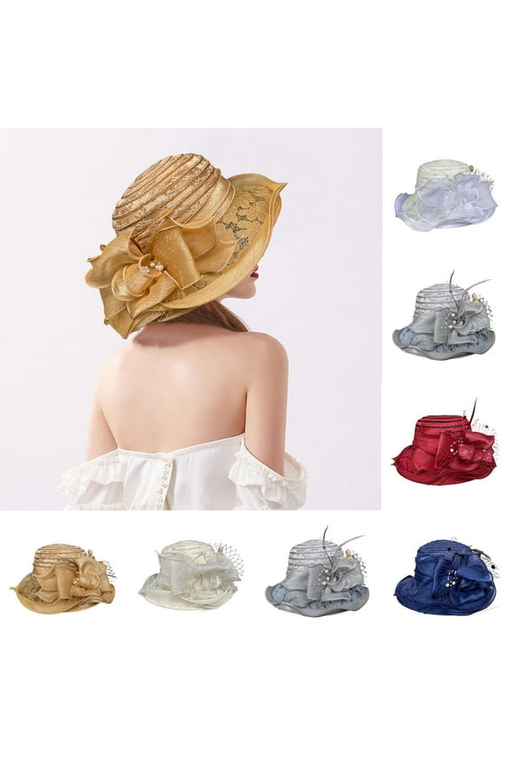 Big Brim Hat Organza Hats Summer Beach Cap Hats for Women Church Hats for Women Organza Victorian Hat Fancy Tea Party Hats Wedding Fascinator-Khaki