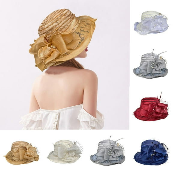 Sunsanly Big Brim Hat Organza Hats Summer Beach Cap Hats for Women Church Hats for Women Organza Victorian Hat Fancy Tea Party Hats Wedding Fascinator-Navy Blue