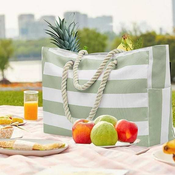 Sunsanly Striped Beach Bag with Zipper Closure Beach Bag with Side Pocket Thick Braided Rope Internal Waterproof Pocket Sandproof Zipper Closure Capacity