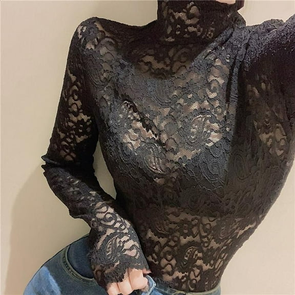 Sunsanly Women's Turtleneck Floral Lace Hollow Top Long Sleeve Mock See Through Mesh Underwear Blouse Shirt L-XL
