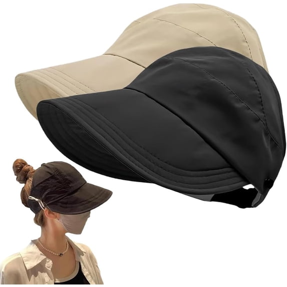 Sunscreen Baseball Hat, UV Protection Hiking Fishing Hats Wide Brim Cap Adjustable Ponytail Cap for Golf Beach, Khaki+Black