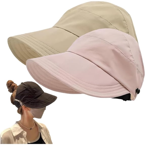 Sunscreen Baseball Hat, UV Protection Hiking Fishing Hats Wide Brim Cap Adjustable Ponytail Cap for Golf Beach, Pink+Khaki
