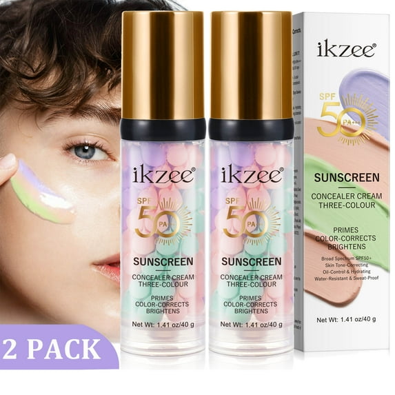 Sunscreen Concealer Cream 3 Color, Color Corrector Primer, Liquid Foundation for Face Makeup, 2 Pack