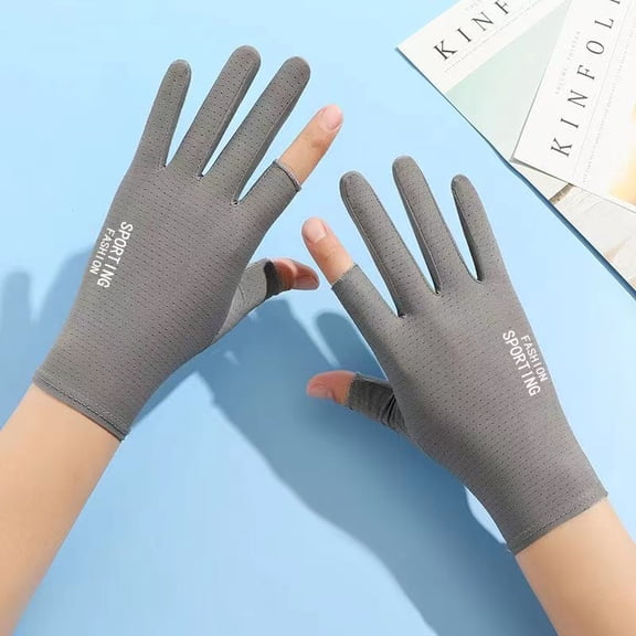 Sunscreen gloves for women, thin ice silk, spring and summer cycling and driving, anti slip, finger leakage, two finger sunshade