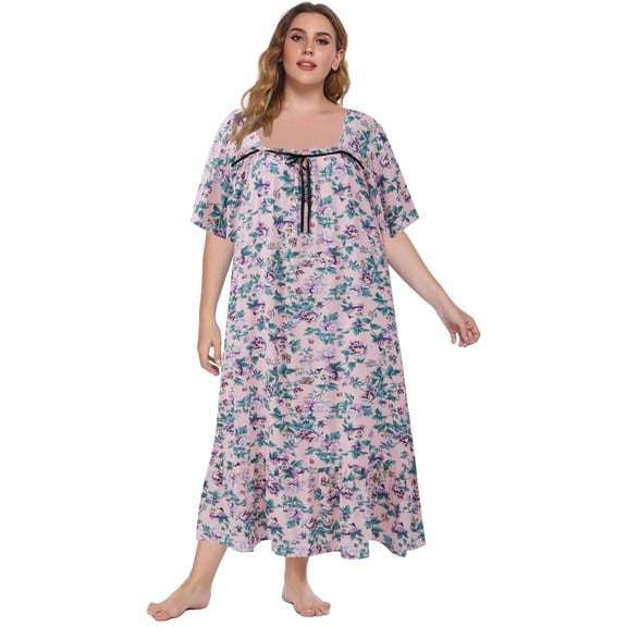 Sunsent Women's Plus Size Nightgown Comfy Short Sleeve Sleepwear Full-Length Floral Printed Square Neckline Sleepshirt Loungewear XL-5XL