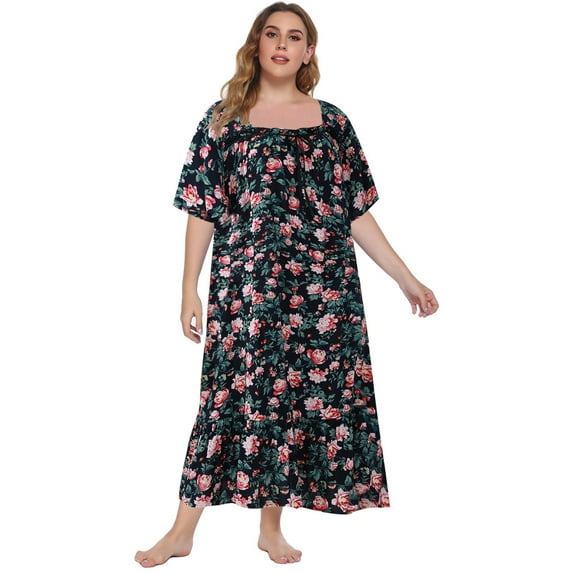 Sunsent Women's Plus Size Nightgown Comfy Short Sleeve Sleepwear Full-Length Floral Printed Square Neckline Sleepshirt Loungewear XL-5XL
