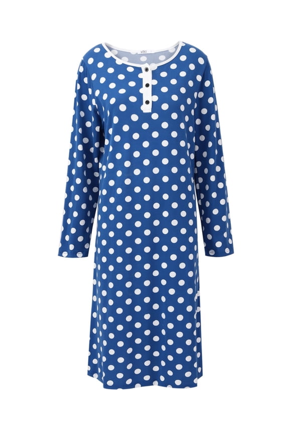 Women's Soft Comfy Nightgown Long Sleeve Sleepwear Retro Polka Dot Nightshirt Henley Neck Button Down Nightdress, S-XXL