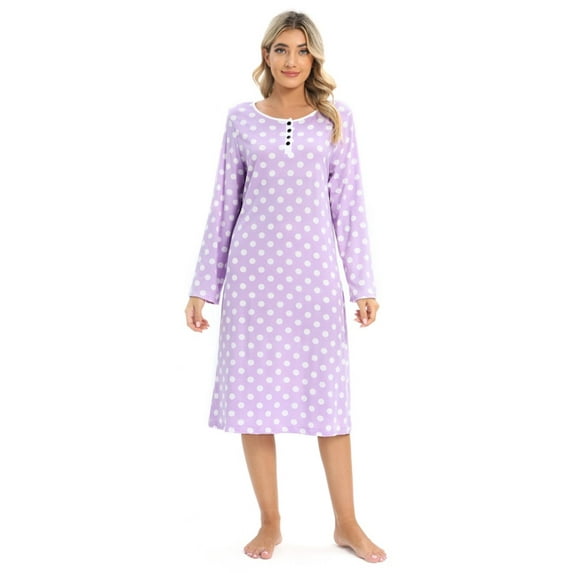 Sunsent Women's Soft Comfy Nightgown Long Sleeve Sleepwear Retro Polka Dot Nightshirt Henley Neck Button Down Nightdress, S-XXL