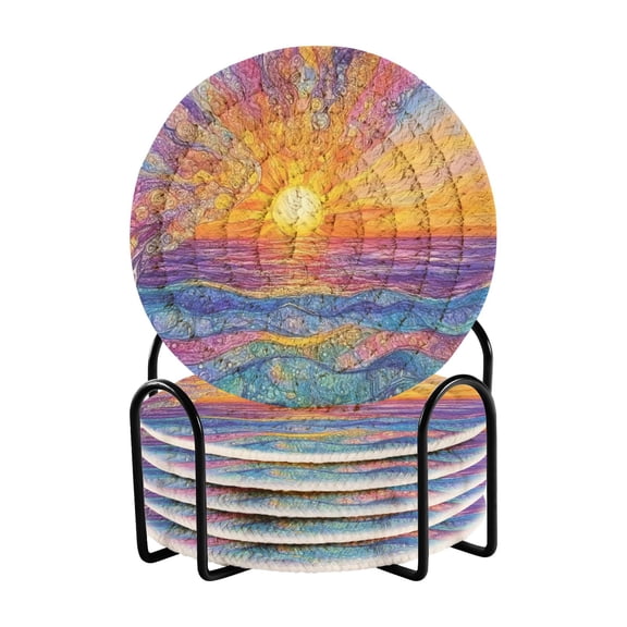 Sunset Abstract Art Drink Coasters with Holder Absorbent Coaster for Coffee Table Room Decor 6 Pack