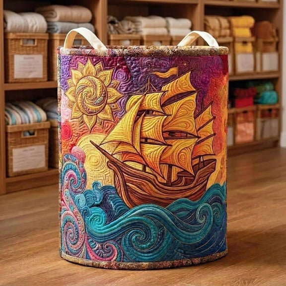Sunset Adventure Quilted Laundry Basket: Sea Vibe Hamper, Ocean Spirit Family Storage Bin