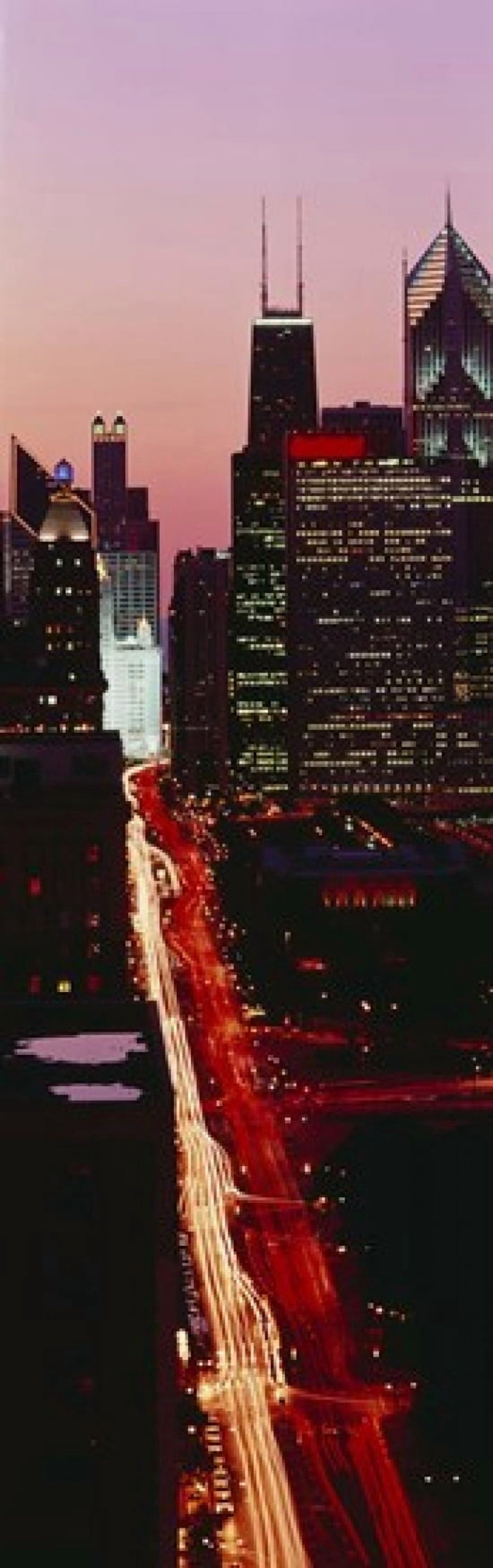 Sunset Aerial Michigan Avenue Chicago IL USA Canvas Art - Panoramic Images (18 x 6)