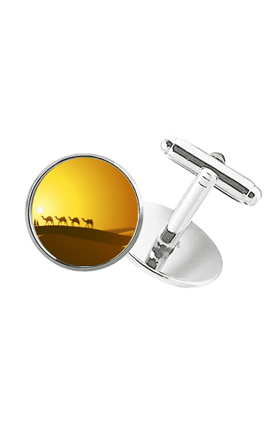 Sunset All the Way to the Silk Road Camel Desert Round Button Cuff Clip Stud Cufflinks