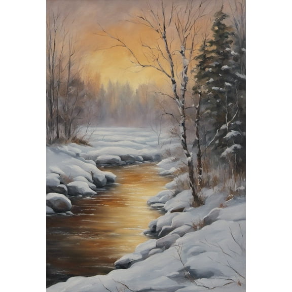 Sunset Along a Snowy Stream Painting - 12" x 18" Art Print Wall Decor
