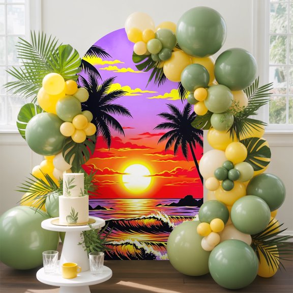 Sunset Arch Backdrop Cover, 4FT, Palm Trees Beach Coastal Ocean Summer Spandex Arch Covers Double-Sided Backdrop for Wedding Birthday Party Photo Background Decoration
