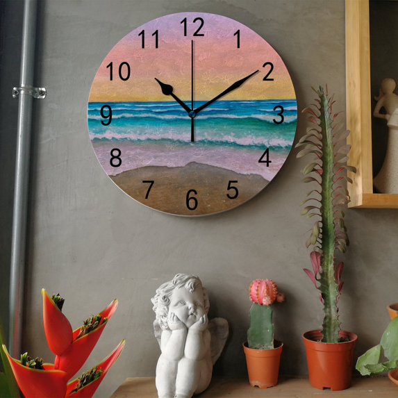 Sunset At Beach Round Wall Clock 10 Inch, Silent Non Ticking Wall Clocks Battery Operated, Simple Modern Decorativel Clock Style fits Any Home Decor