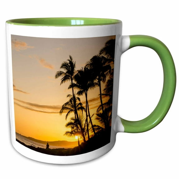 3drose, Sunset at Poipu Beach, Kauai, Hawaii., 11oz Two-tone Green Mug