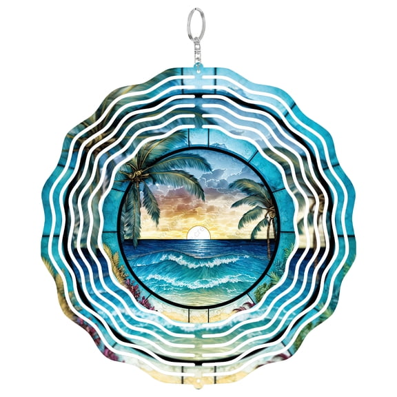 Sunset At The Beach Ocean View 3D Wind Spinner Aluminum Metal Relaxing Scenery Gift Round