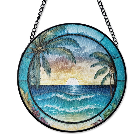Sunset At The Beach Ocean View Suncatcher Stained Glass Style UV Printed Glass Relaxing Scenery Gift Round