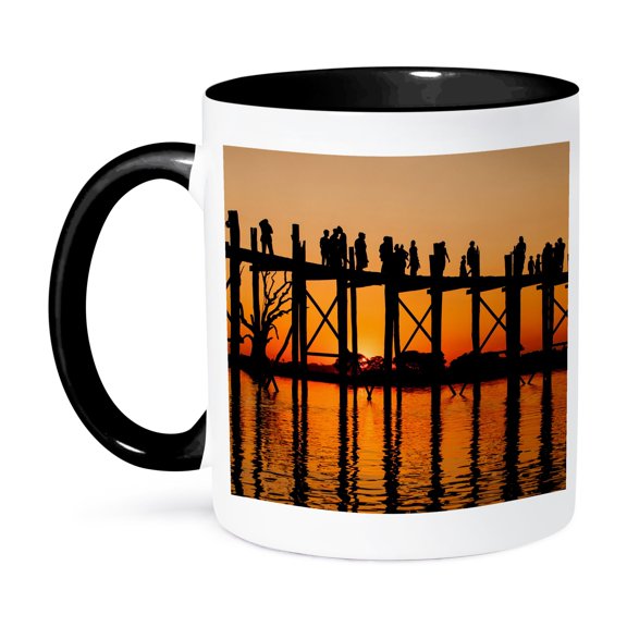3dRose, Sunset at U Bein Bridge. Pahtodawgyi Lake. Mandalay. Myanmar., 15oz Two-Tone Black Mug