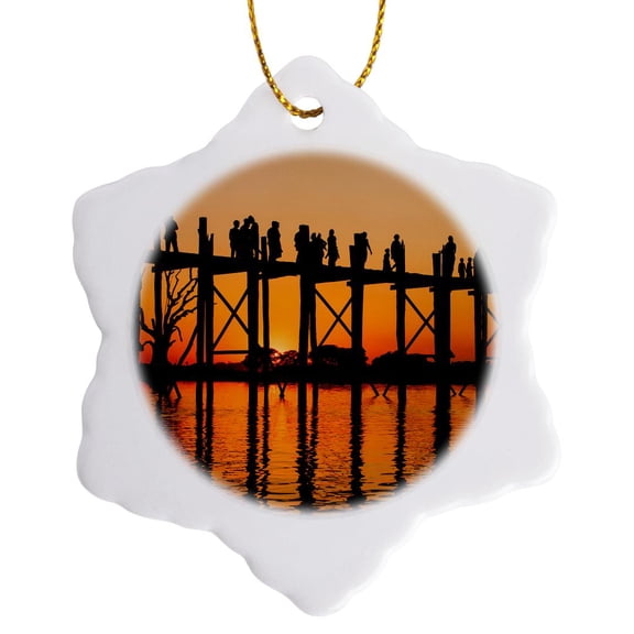Sunset At U Bein Bridge. Pahtodawgyi Lake. Mandalay. Myanmar., 3 inch Snowflake Porcelain Ornament