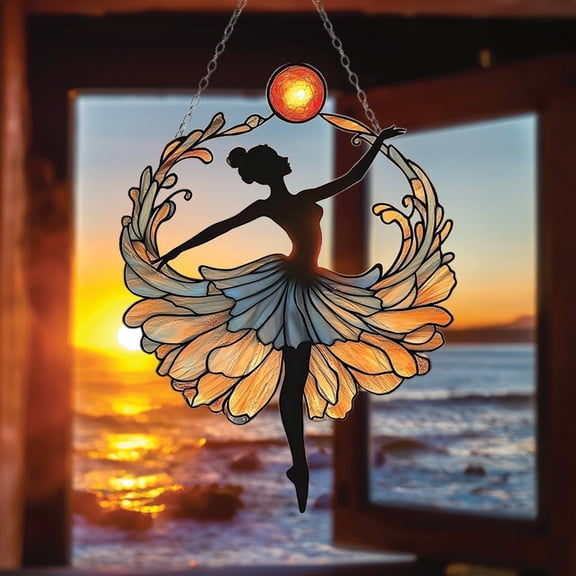 Sunset Ballerina Acrylic Suncatcher 2D FLAT Suncatcher –Acrylic Window Panel with Twirling Skirt and Ocean Glow, Gift for Dance and Artists