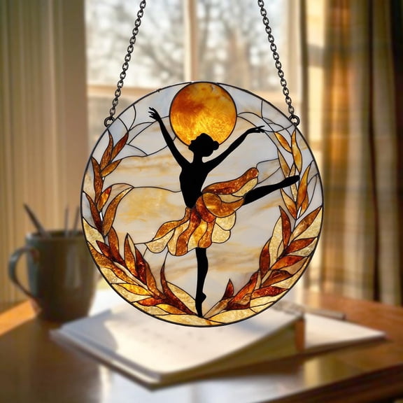 Sunset Ballerina Faux Glass Suncatcher, Acrylic Window Panel, Ocean Glow, Dance Artist Decor, 3.5 in