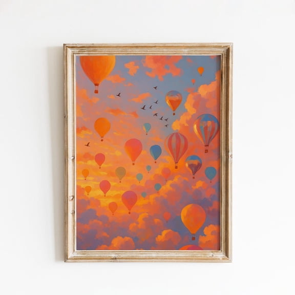 Sunset Balloons Poster – Dreamy Sky And Clouds Wall Art, Unframed Poster Size 8x12