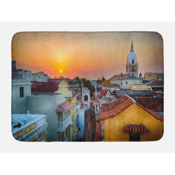 Sunset Bath Mat, View over the Rooftops of the Old City Cartagena Cathedral Colombian Coast Picture, Non-Slip Plush Mat Bathroom Kitchen Laundry Room Decor, 29.5 X 17.5 Inches, Multicolor, Ambesonne