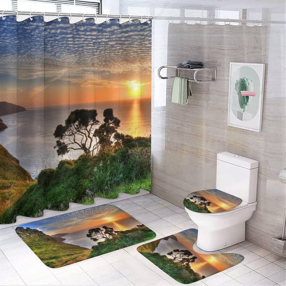 Sunset Bathroom Set of 4 with Non-Slip Rugs, Toilet Lid Cover and Bath Mat, Sunset Clouds 4Pcs Shower Curtain Sets with Waterproof Bathroom Decor Sets with Curtain and Rugs, 12 Hooks, 71 x 71 Inch