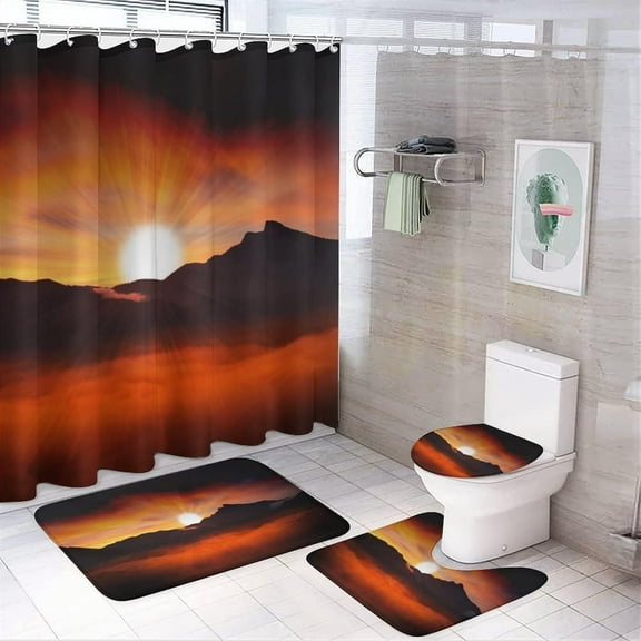 Sunset Bathroom Set of 4 with Non-Slip Rugs, Toilet Lid Cover and Bath Mat, Sunset Clouds 4Pcs Shower Curtain Sets with Waterproof Bathroom Decor Sets with Curtain and Rugs, 12 Hooks, 71 x 71 Inch