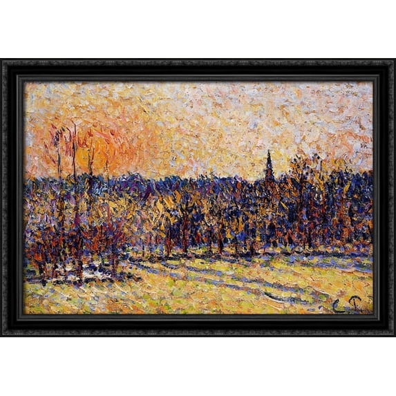 Sunset, Bazincourt Steeple 38x28 Large Black Ornate Wood Framed Canvas Art by Camille Pissarro