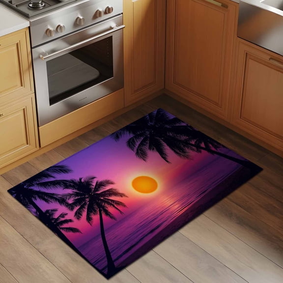Sunset Beach 2x3 Rug for Entryway Front Door Kitchen Sink Area, Tropical Hawaii Coconut Trees Landscape Low Pile Washable Non Slip Rectangle Area Rug