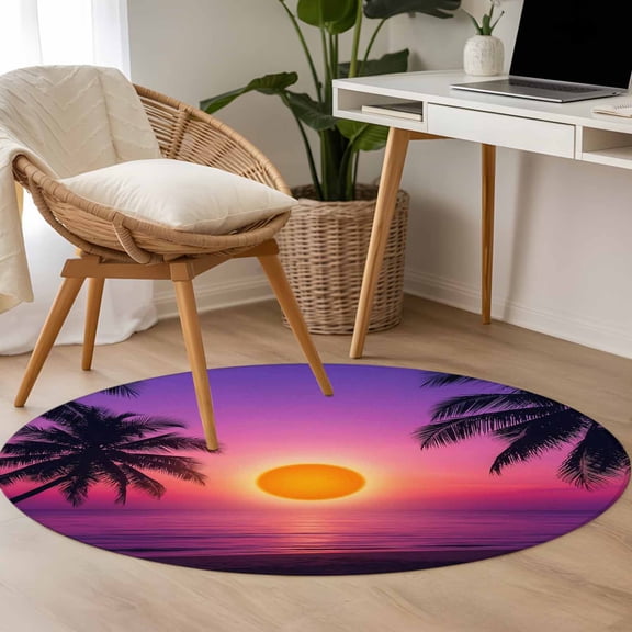 Sunset Beach 3.3ft Round Rug for Bedroom Reading Corner, Tropical Hawaii Coconut Trees Landscape Washable Non Slip Circle Area Rug
