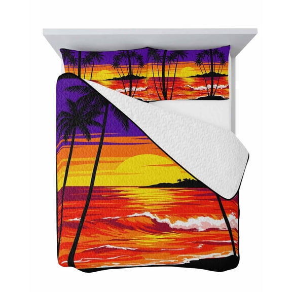 Sunset Beach 3 Piece Quilt Set King Size, Boho Tropical Palms Coastal Orange Evening Glow Soft Bedspread Coverlet Bedding Set Microfiber Lightweight Comforter Set with 2 Pillowcases for Bedroom