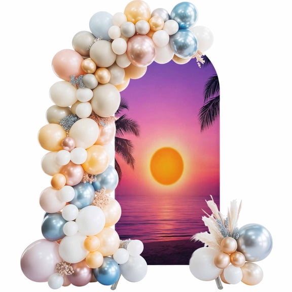 Sunset Beach Arch Backdrop Cover 4 FT Tropical Hawaii Coconut Trees Landscape Stretchy Elastic Arch Stand Covers Spandex Arched Background Birthday Wedding Party Decoration (No Stand)