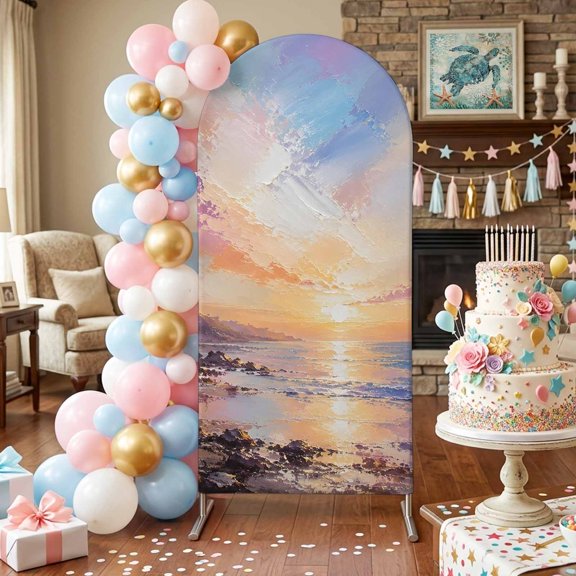 Sunset Beach Arch Backdrop Covers 4 FT, Coastal Pink Purple Sunlit Clouds Shoreline Rocks Stretchy Fitted Arched Stand Covers Party Arch Stand Cover Photo Booth for Wedding Birthday Decor