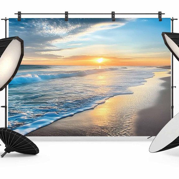 Sunset Beach Backdrop for Photography,Fabric Photo Background Backdrop,Spray Ocean Waves Sky Nature Scenery Photo Booth Background for Portrait Photoshoot Video Wedding Decoration Banner 12x8ft