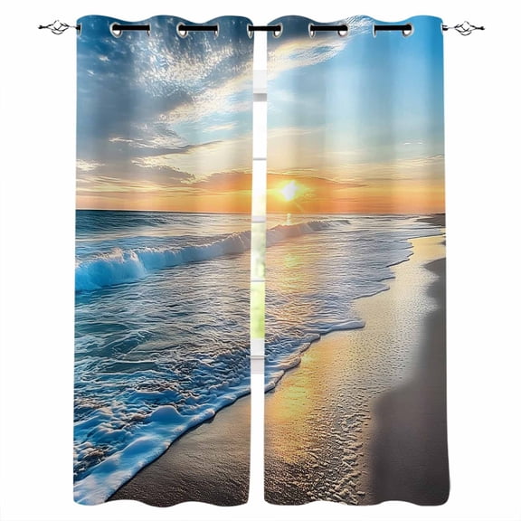 Sunset Beach Blackout Curtains 39 Inches Long, Spray Ocean Waves Sky Nature Scenery Thermal Insulated Black Out Curtains, Short Darkening Window Curtain Drapes for Cafe Bedroom 27.5"x39" 2 Panels