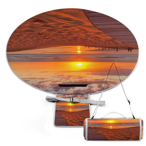 Sunset Beach Boardwalk Large Round Picnic Outdoor Blanket,Waterproof Foldable Blankets Picnic Mat for Beach, Camping