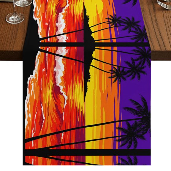 Sunset Beach Burlap Cotton Table Runner 16x72 Inches Long, Coastal Tropical Palm Tree Seaside Farmhouse Table Runners, Outdoor Dining Table Decor for Baby Shower/Party/Wedding