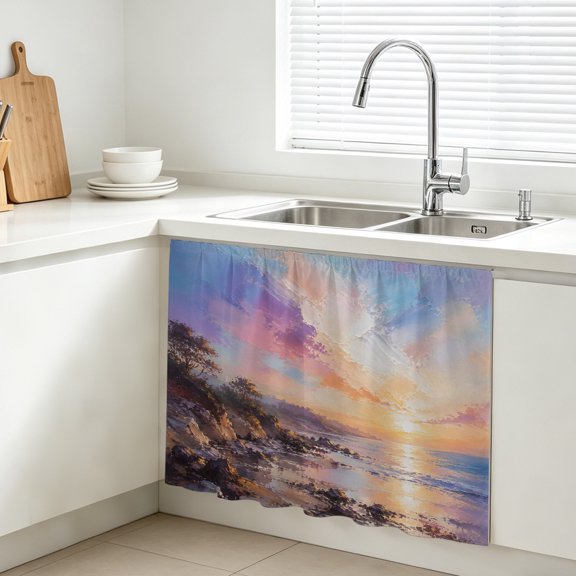 Sunset Beach Cabinet Curtains for Kitchen 10"W x 11"L, Coastal Pink Purple Sunlit Clouds Shoreline Rocks Under Sink Skirt Magic Tape Short Curtain Decorative Privacy Panel for Bathroom Laundry