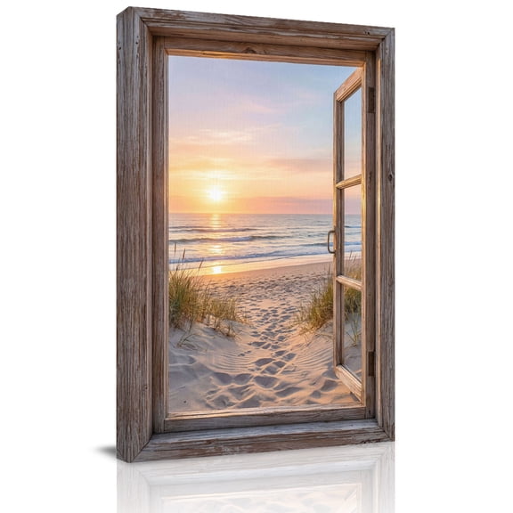 Sunset Beach Canvas Wall Art for Living Room, Ocean Wooden Window Coastal Landscape Poster Print Painting for Bedroom Office Home Decoration Wall Pictures Prepare To Hang 24"x32"