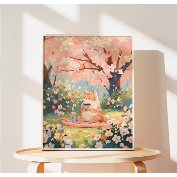 Sunset Beach Cat Couple Art Print, Coastal Wall Decor, Romantic Pet, Unframed Canvas Size 12x18